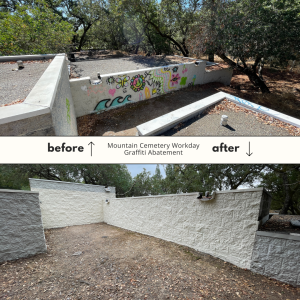 Before and after photos of a wall with graffiti and then painted over.