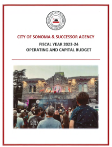 The cover of a budget document with a picture of sonoma city hall and the sonoma city seal.