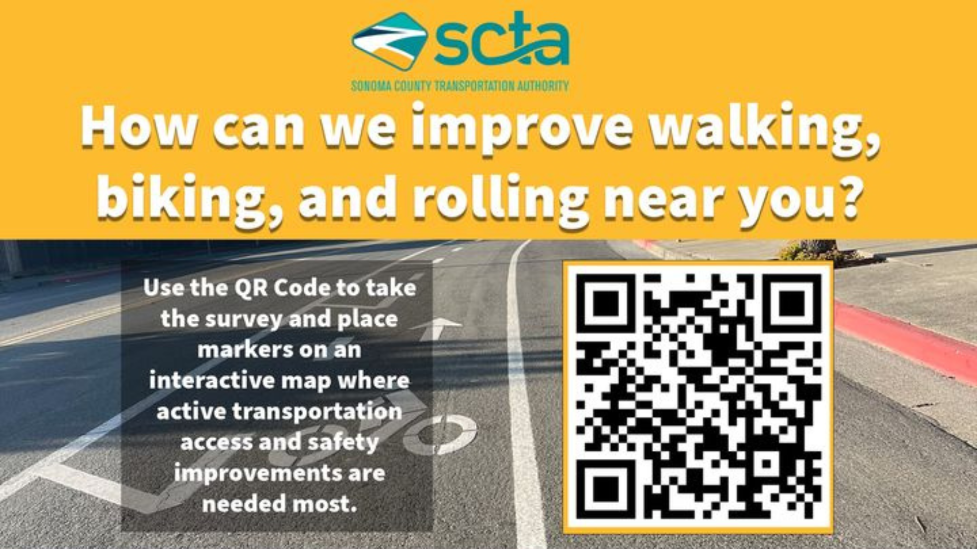 graphic with a qr code that links to an active transportation survey and a photo of a roadway.