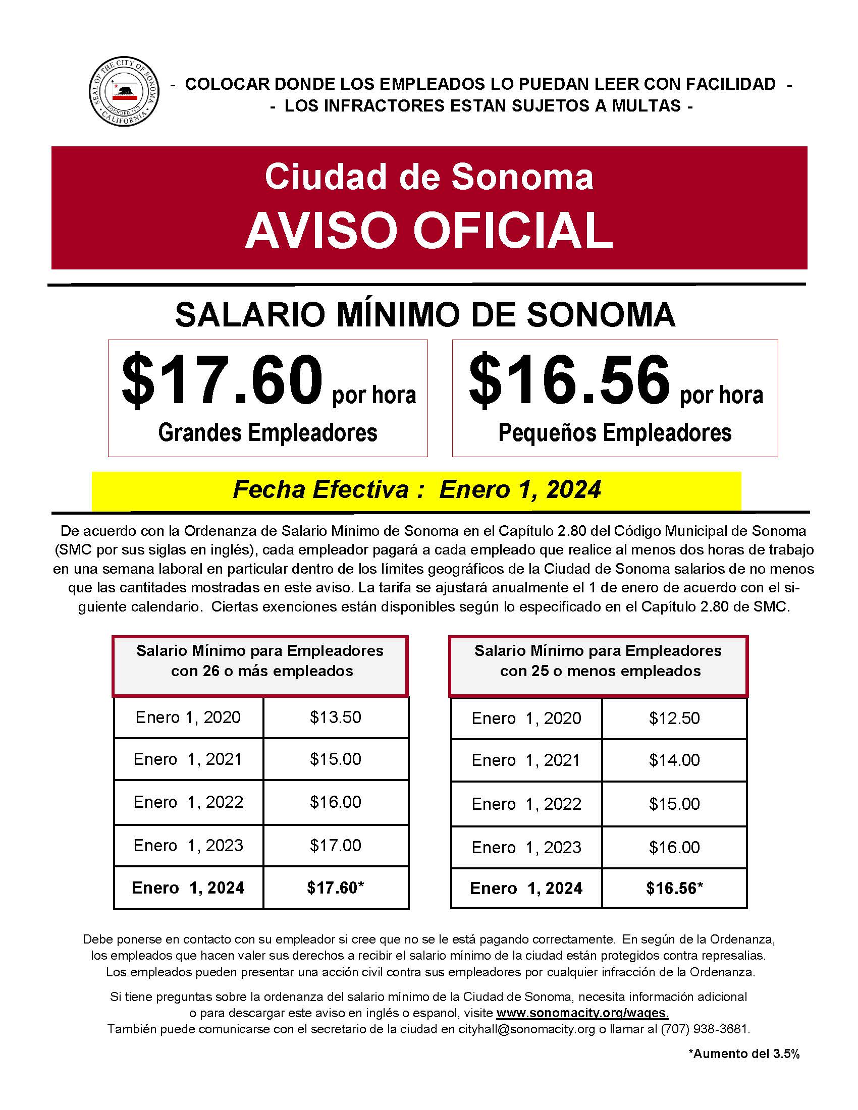 Official Notice, 2024 Sonoma Minimum Wage in Spanish