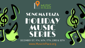 Graphic with title "Holiday Music Series" with musical notes.