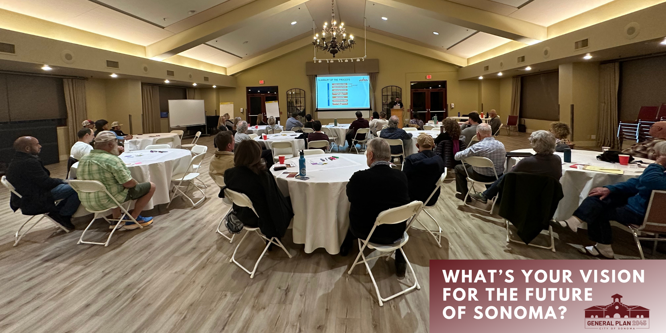 A photo of community members sitting at tables and watching a presentation.