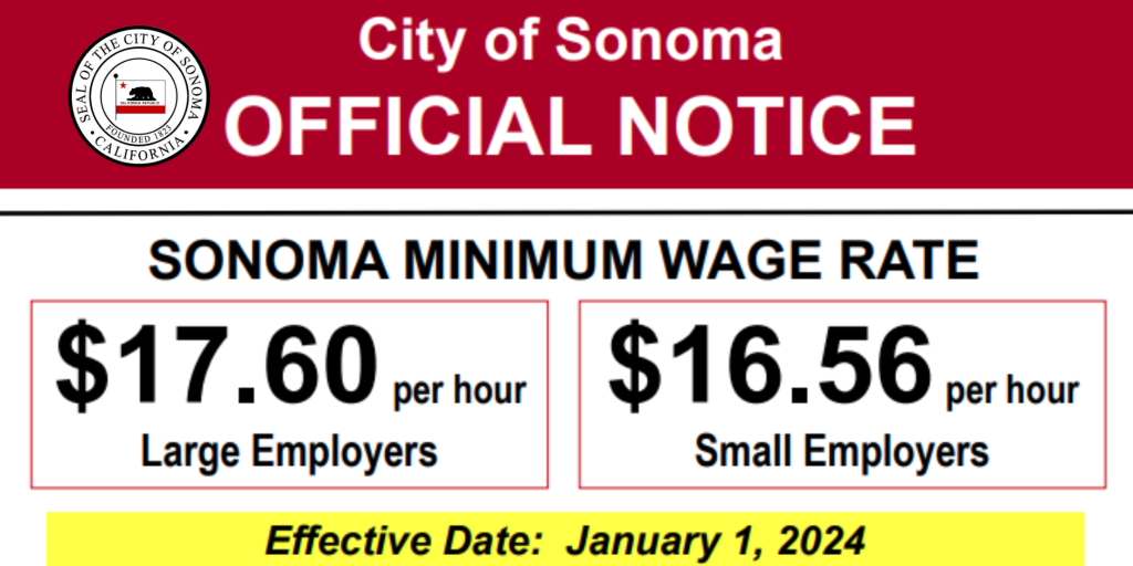 New Sonoma Minimum Wage Rates effective January 1, 2024 City of Sonoma