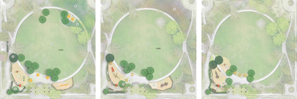 Three illustrations of potential park designs.