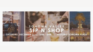 Four photos, one of a store front window, two of wine and sparkling wine glasses and one of Sonoma City Hall with holiday lights.