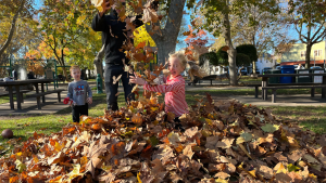 A child playing in a pile of fall leaves.