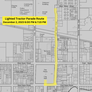 A street map of downtown sonoma showing a parade route on 1st street east from blue wing inn drive to napa street, ending in the sonoma plaza horseshoe.