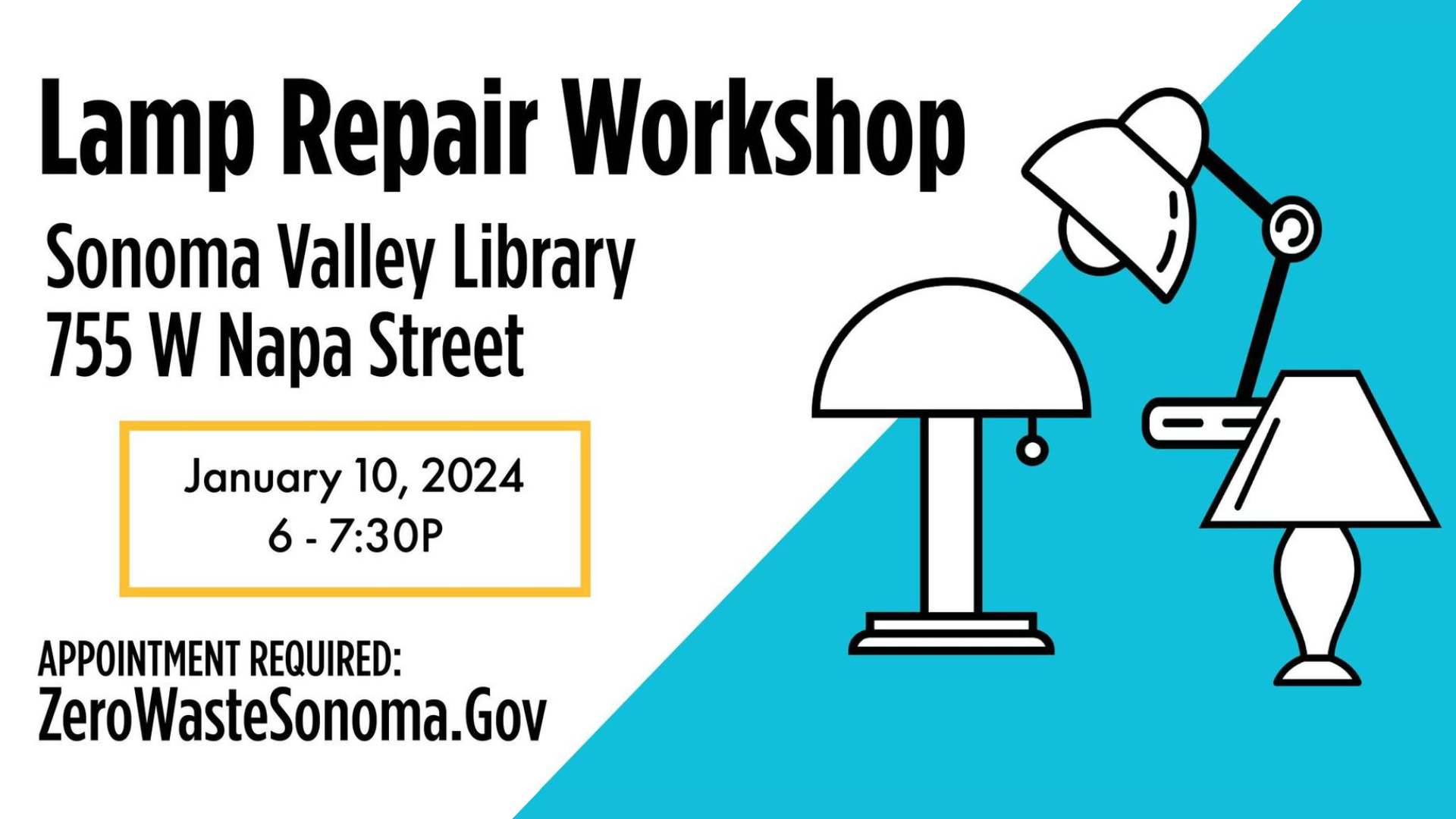 A graphic with a drawings of different table lamps with information about a lamp repair workshop.