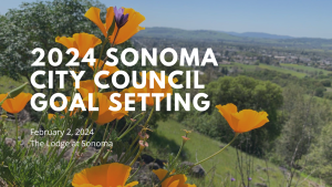 A photo of orange California poppies in the foreground and a faraway view of the City of Sonoma in the background.