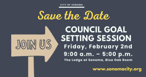 A blue graphic with white writing asking to Save the Date for a Council Goal Setting Session.
