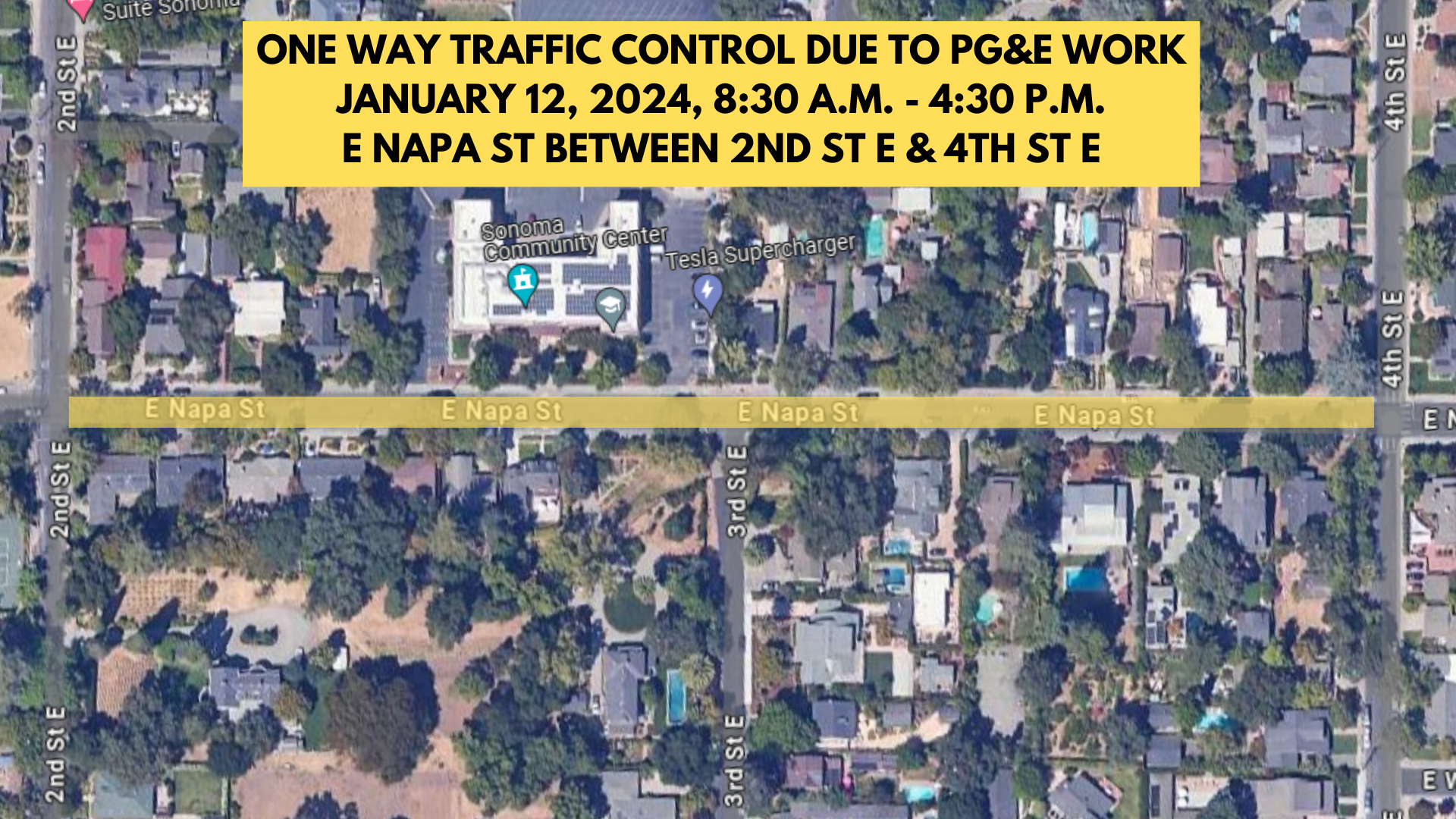 overhead view of East Napa Street in Sonoma with a portion that will be under one way traffic control hilighted in yellow.