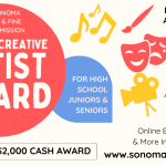 A brightly colored flyer with icons of different artistic mediums with information about the Student Creative Artist Award.