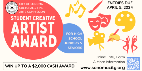 A brightly colored flyer with icons of different artistic mediums with information about the Student Creative Artist Award.