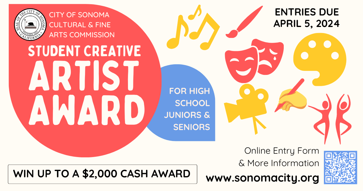 A brightly colored flyer with icons of different artistic mediums with information about the Student Creative Artist Award.