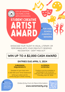 A brightly colored flyer with icons of different artistic mediums with information about the Student Creative Artist Award.