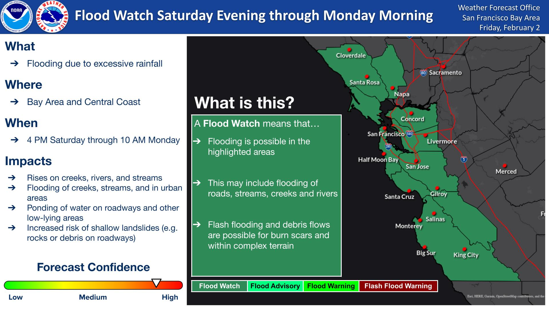 A map of the bay area with a portion filled in a green color to indicate the area under a flood watch.