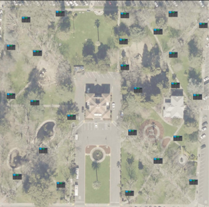 An overhead view of the Sonoma Plaza showing the locations of the new waste receptacles.