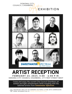 A black and white flyer featuring 9 black and white portraits of indviduals with information about an artist reception.