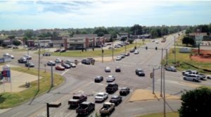 The revitalized intersection of NW Expressway and MacArthur guides traffic through effortlessly.