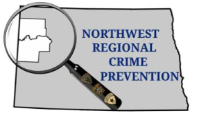 Picture of the state of North Dakota with the words "Northwest Regional Crime Prevention."