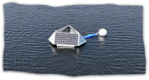 Image of a buoy with solar panels floating on a body of water