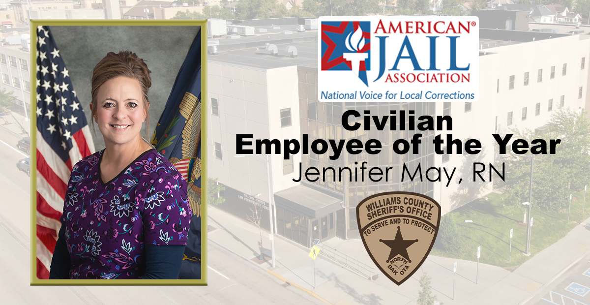 Image of a female nurse with the words Civilian Employee of the Year Jennifer May, RN