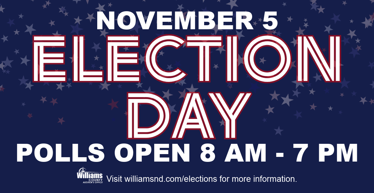 Blue graphic with stars that says November 5 Election Day Polls Open 8 am - 7 pm