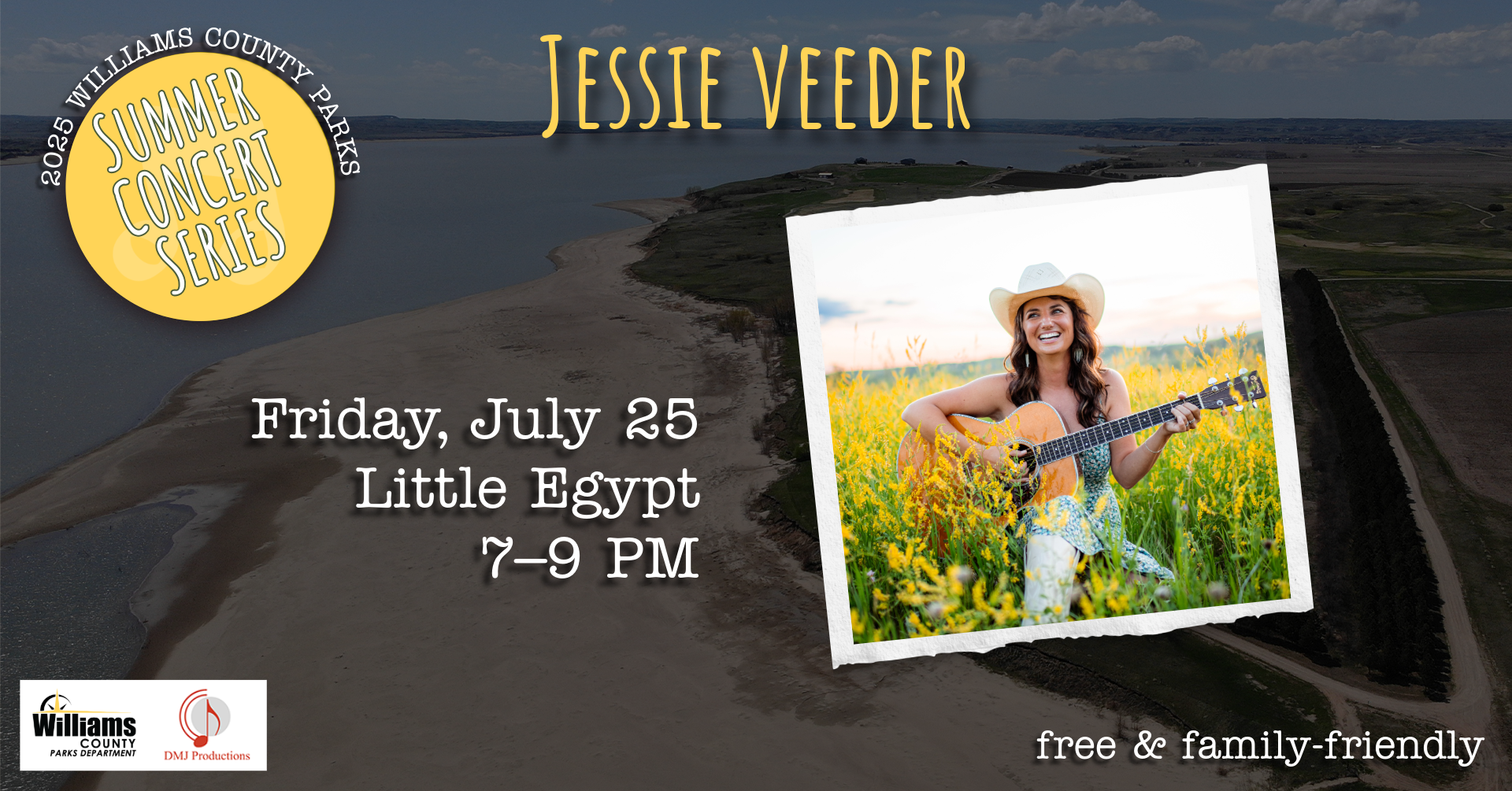 Flyer that tells Jessie Veeder show details for Williams County 2025 Summer Concert Series