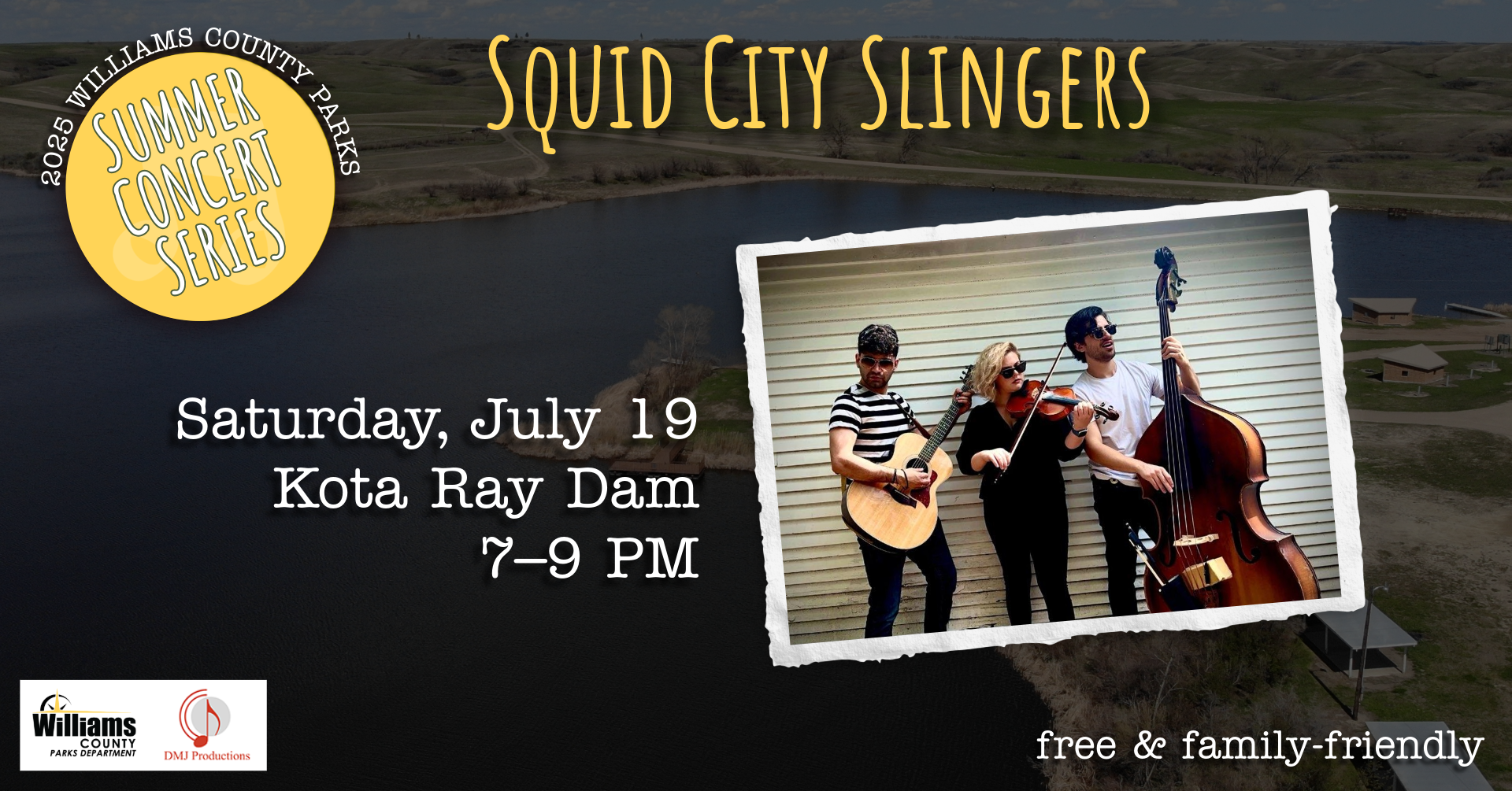 Flyer that tells Squid City Slingers show details for Williams County 2025 Summer Concert Series
