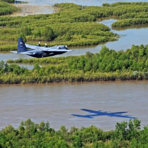 Air Force plane over wetlands