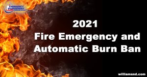 Fire with text: 2021 Fire Emergency and Automatic Burn Ban