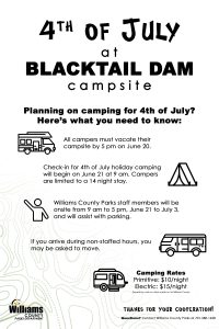 Sign with information about 4th of July camping at Blacktail Dam