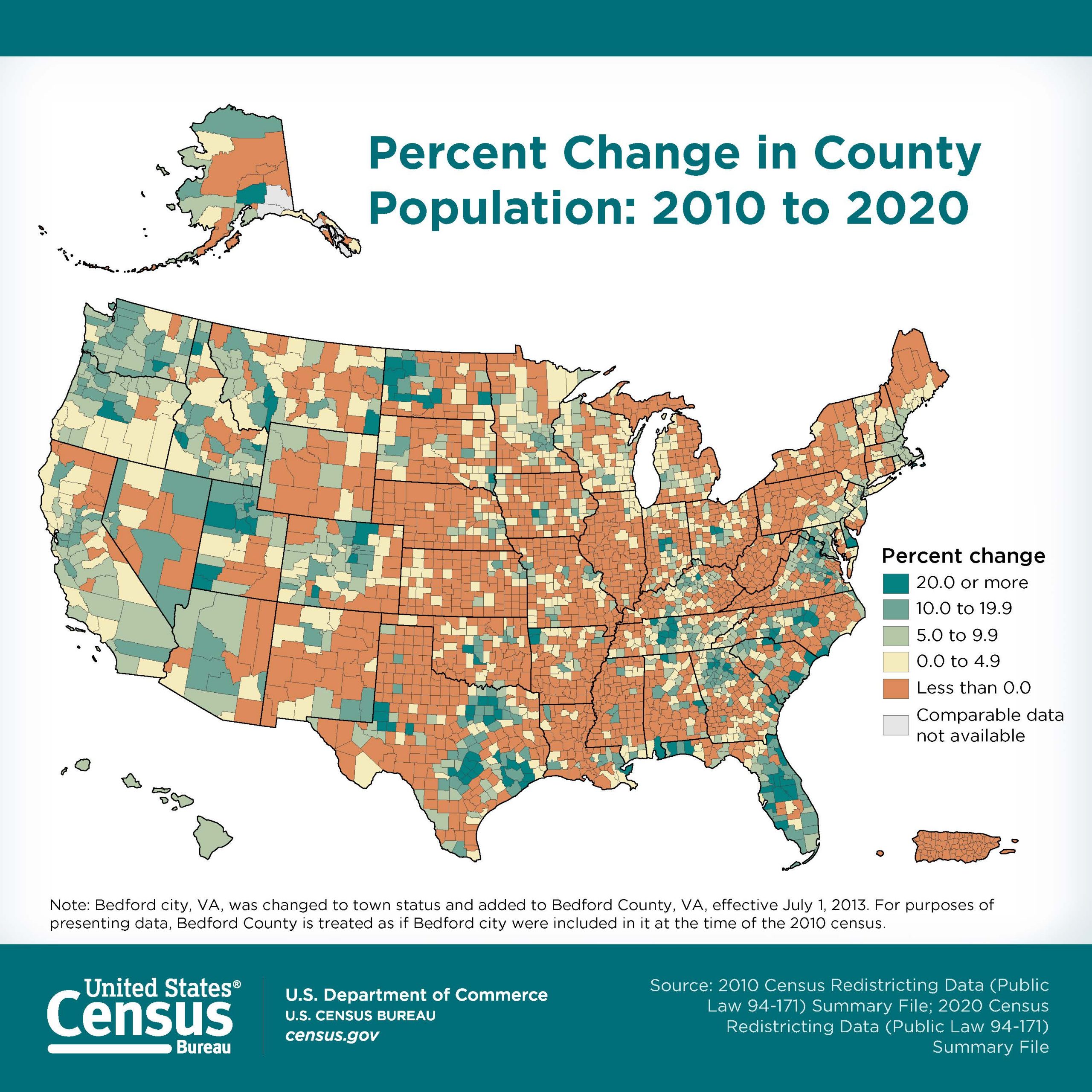 Map of the United States showing the percent change in county population from 2010 to 2020