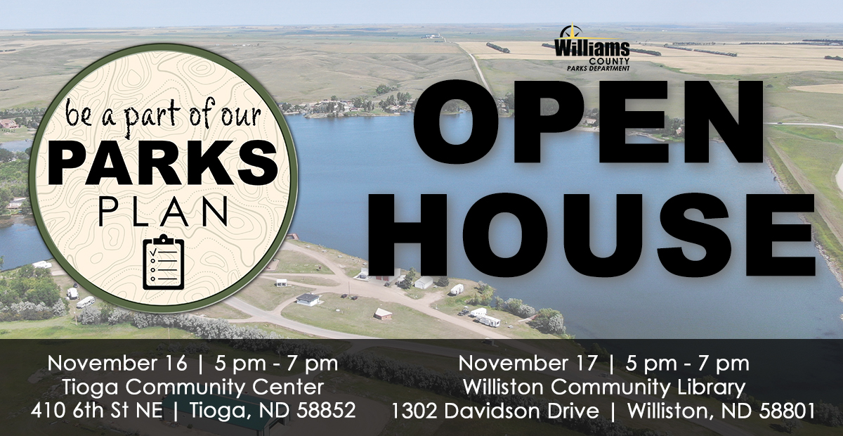 Image of a lake with text over top providing information about Parks Open Houses