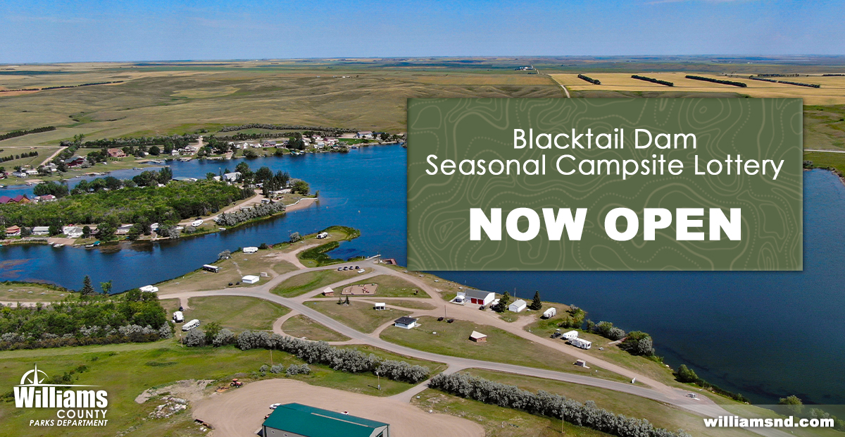 Aerial view of Blacktail Dam with words Blacktail Dam Seasonal Campsite Lottery Now Open