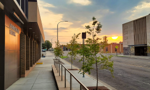 View of a street and County buildings at sunrise