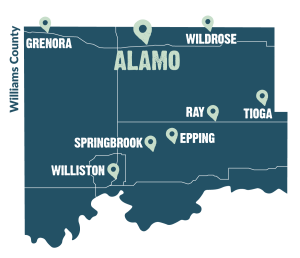 Map of Williams County highlighting the location of the city of Alamo