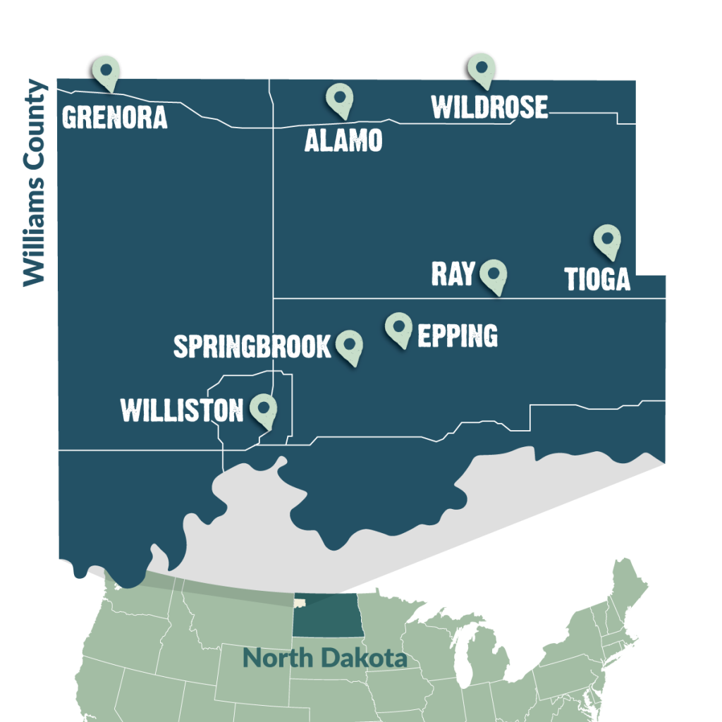 Map of cities in Williams County