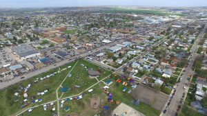 Aerial view of a city with a park