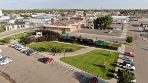 Aerial view of downtown Williston from the train station