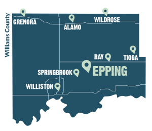 Map of Williams County highlighting the location of the city of Epping