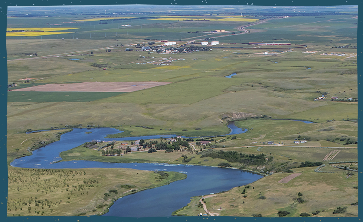 Aerial view of farmland and a river in Epping