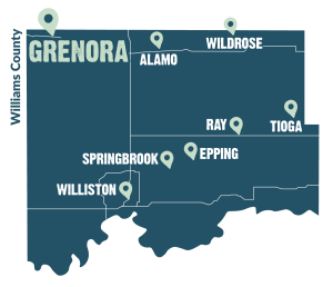 Map of Williams County highlighting the location of the city of Grenora