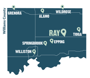Map of Williams County highlighting the location of the city of Ray