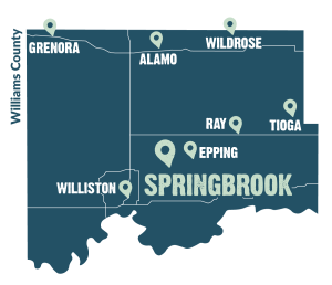 Map of Williams County highlighting the location of the city of Springbrook
