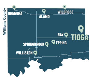 Map of Williams County highlighting the location of the city of Tioga