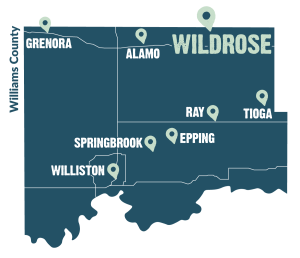 Map of Williams County highlighting the location of the city of Wildrose