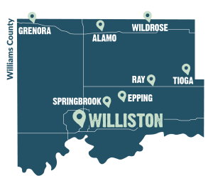 Map of Williams County highlighting the location of the city of Williston