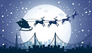 Santa and Reindeer Flying Night Sky