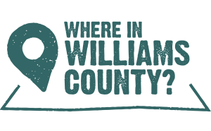 Map pin icon with the words Where in Williams County